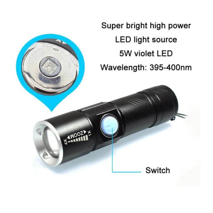 USB Ultraviolet Flashlight for Jade Identification at Home - 5W 395–400nm telescopic focus UV torch for jade fluorescence tests and anti-counterfeiting