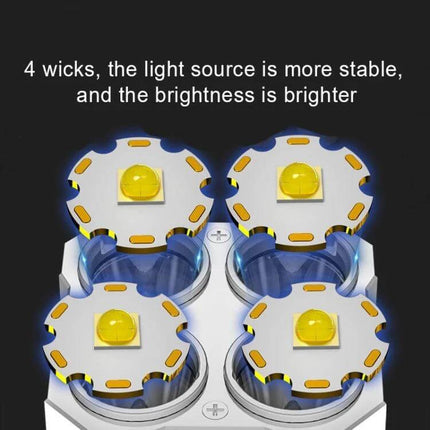 USB Rechargeable LED Flashlight For Outdoors And Home Use showing 4-wick SMD 3030+COB dual-LED module for brighter, stable wide and spot illumination