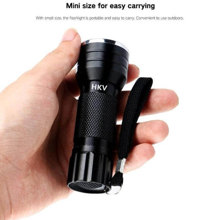 UV 21 LED Flashlight For Pet Urine Stains Detector compact black EDC UV flashlight held in hand with wrist strap, 21-LED urine stain detector