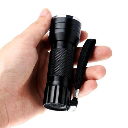 UV 21 LED Flashlight For Pet Urine Stains Detector — compact black EDC UV flashlight with wrist strap, 21-LED design for spotting hidden pet stains