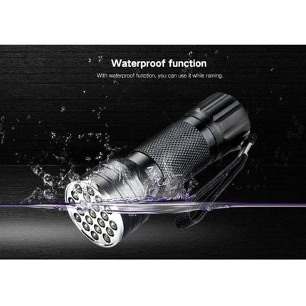 UV 21 LED Flashlight For Pet Urine Stains Detector - waterproof black EDC UV torch showing water resistance and 21 LED emitters