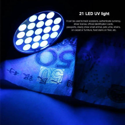 UV 21 LED Flashlight For Pet Urine Stains Detector compact 21-LED UV EDC light revealing hidden pet urine stains on carpet and upholstery