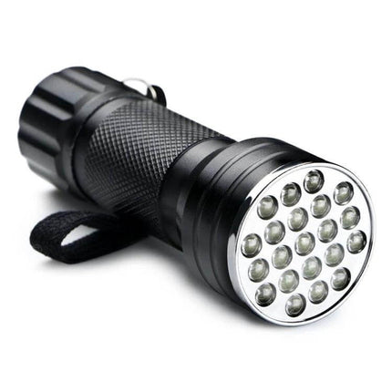 UV 21 LED Flashlight For Pet Urine Stains Detector - compact black EDC UV torch with 21 LEDs for finding hidden pet urine on carpets and upholstery