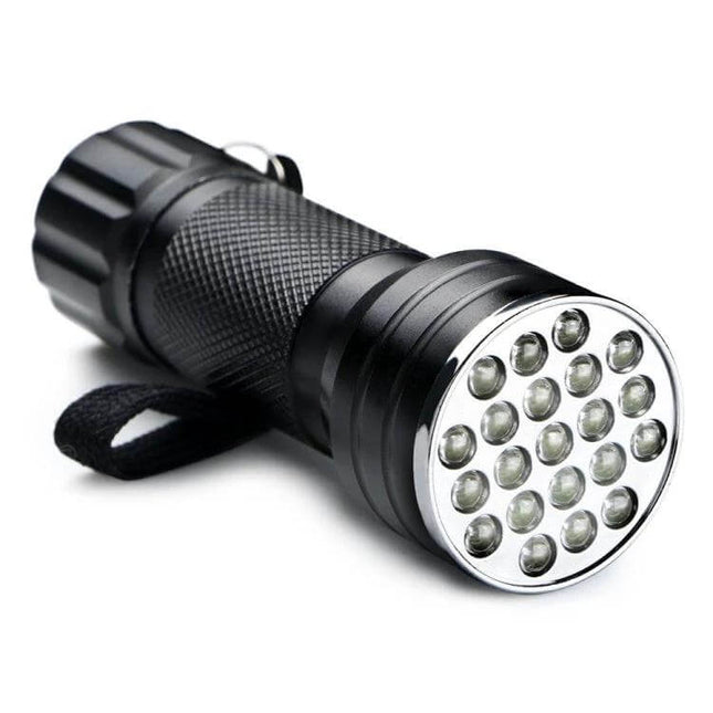 UV 21 LED Flashlight For Pet Urine Stains Detector - compact black EDC UV torch with 21 LEDs for finding hidden pet urine on carpets and upholstery