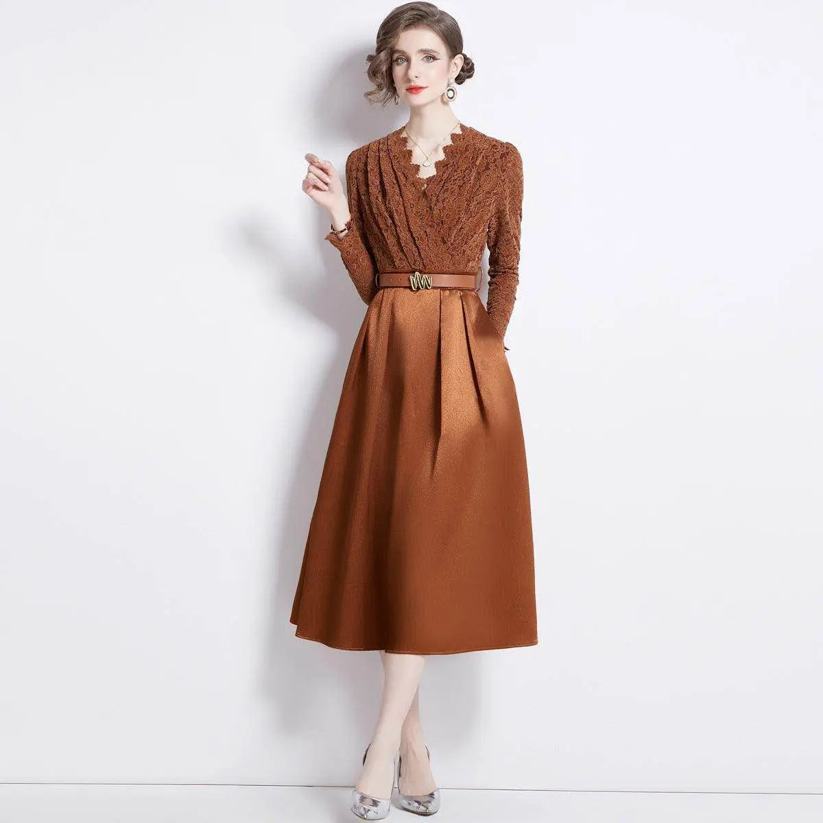 V-Neck Lace-Up High-Waisted Elegant Swing Dress for Women 