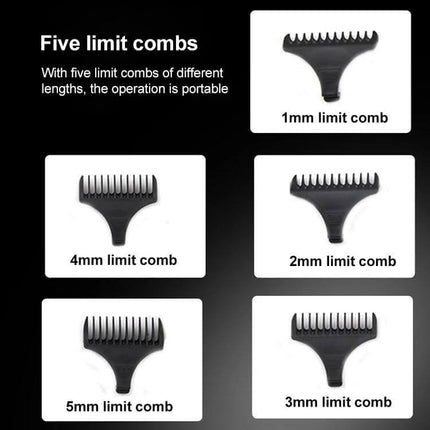 VGR Hair Clipper With 5 Guide Combs For Home Grooming showing five black 1mm-5mm limit combs arranged in grid, portable grooming accessory