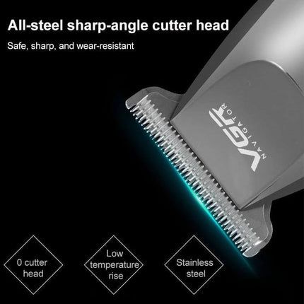 VGR Hair Clipper With 5 Guide Combs For Home Grooming – close-up of all-steel sharp-angle cutter head, stainless steel, water-washable, compact USB rechargeable