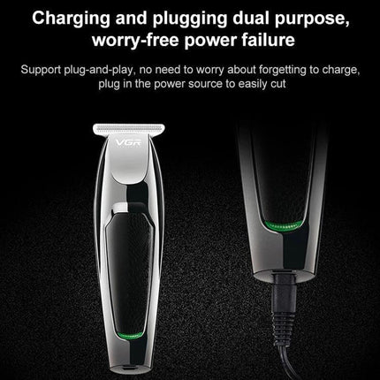 VGR Hair Clipper With 5 Guide Combs For Home Grooming - USB rechargeable compact trimmer showing plugged charging cable and illuminated power indicator