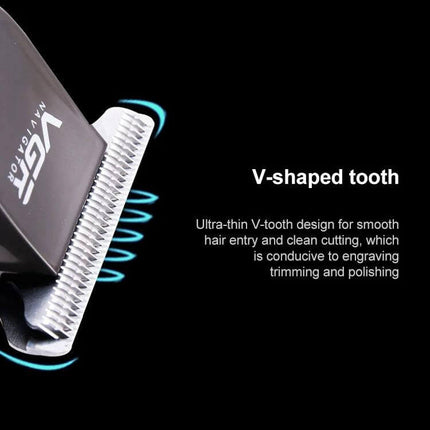 VGR Hair Clipper With 5 Guide Combs For Home Grooming showing close-up V-shaped tooth cutter head, USB rechargeable compact trimmer