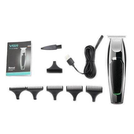 VGR Hair Clipper With 5 Guide Combs For Home Grooming compact USB rechargeable clipper with 5 guide combs, cleaning brush, USB cable, manual