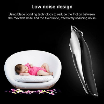 VGR Hair Clipper With 5 Guide Combs For Home Grooming compact USB rechargeable trimmer shown next to sleeping baby to highlight low-noise design