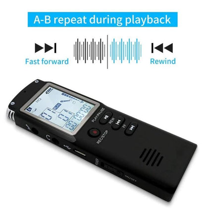 Compact Voice Recorder for Daily Notes and Meetings black portable recorder showing LCD screen and playback controls for lectures and meetings