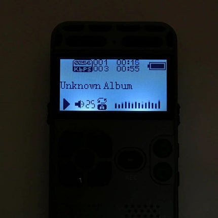 Pocket-Sized Voice Recorder for Everyday Note-Taking and Meetings with illuminated display showing playback of an Unknown Album