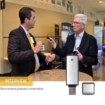 Compact USB Recorder for Daily Notes and Travel Use - portable USB voice recorder shown during an interview, simple plug-and-play design