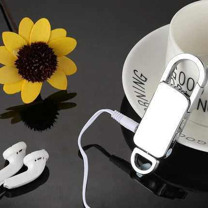 Keychain Voice Recorder for Daily Notes and Music Playback compact 8GB silver keychain with earbuds and cup