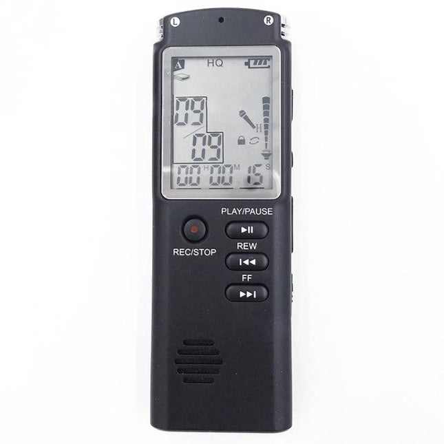 Essential Voice Recorder for Daily Meetings and Notes - black handheld digital recorder with LCD screen, play/pause and rec/stop buttons