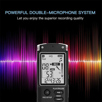 Essential Voice Recorder for Daily Meetings and Notes with double-microphone display showing REC icon and play/pause controls