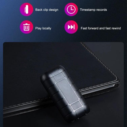Compact Clip-On Voice Recorder for Daily Note-Taking and Meetings - compact black clip-on recorder on a notebook showing back clip, timestamp and playback icons
