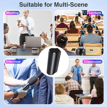 A Compact Voice Recorder for Everyday Meetings and Notes in meeting lecture interview and classroom settings, compact black cylindrical recorder