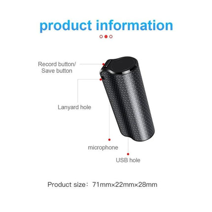 A Compact Voice Recorder for Everyday Meetings and Notes — sleek black cylindrical recorder with record/save button, lanyard hole, microphone and USB port