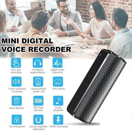 A Compact Voice Recorder for Everyday Meetings and Notes shown recording a team meeting with feature icons and compact digital design