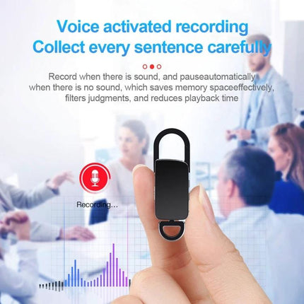 Compact Keychain Recorder for Daily Voice Notes on the Go shown held between fingers demonstrating voice-activated recording for meetings and commutes