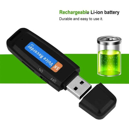 Compact Voice Recorder for Everyday Notes and Meetings shown as a small USB stick recorder with rechargeable Li-ion battery icon