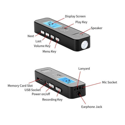 SK007 Voice Recorder for Meetings and Interviews compact dual-mic device with display, play/menu/record keys, USB and mic sockets