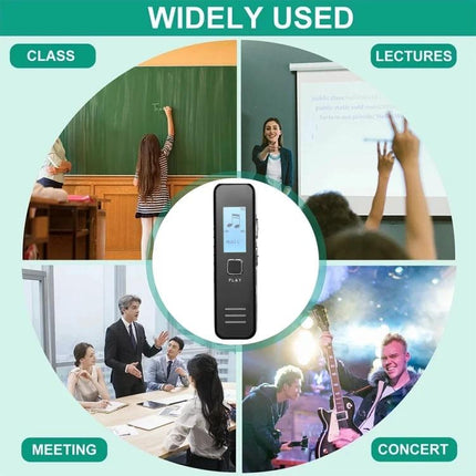 SK007 Voice Recorder for Meetings and Interviews compact recorder shown with classroom, lecture, meeting and concert use cases