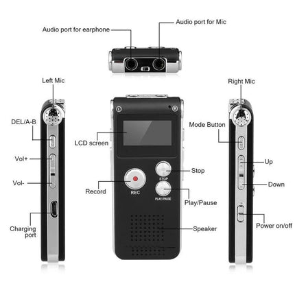 Compact Voice Recorder for Daily Notes and Meetings - front and side view showing LCD, record button, microphones, playback controls, ports