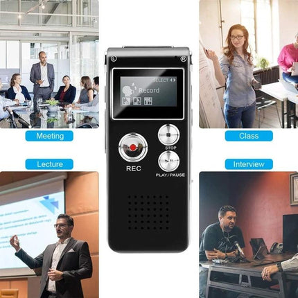 Voice Recording Pen for Daily Notes and Meetings compact black recorder shown with meeting, lecture, class, and interview use cases