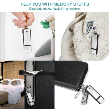 SK858 Voice Recorder for Everyday Meeting Notes and Ideas shown as compact keychain recorder clipped to bag, keys, door handle and beside wallet