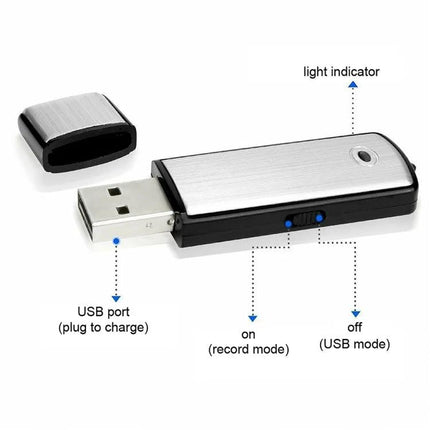 Compact voice recorder for daily meetings and notes USB stick-style recorder with metal finish, light indicator and USB port for charging and file transfer