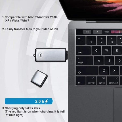 Compact voice recorder for daily meetings and notes USB flash-style recorder next to laptop showing file transfer and 2hr charging info