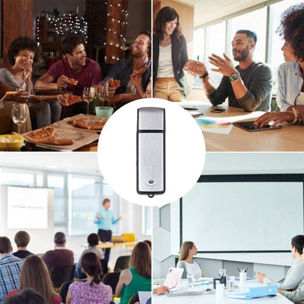 Compact voice recorder for daily meetings and notes — slim silver recorder for meetings, lectures and note-taking
