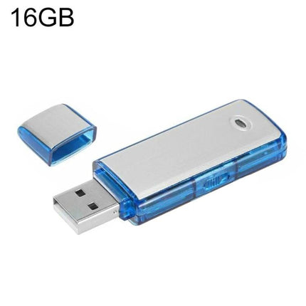 Compact voice recorder for daily meetings and notes USB-style pocket recorder with 16GB storage, blue translucent casing and removable cap