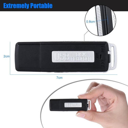 SK868 Rechargeable Voice Recorder for Travel and Daily Notes compact black USB-style recorder shown with measurements and hand for scale