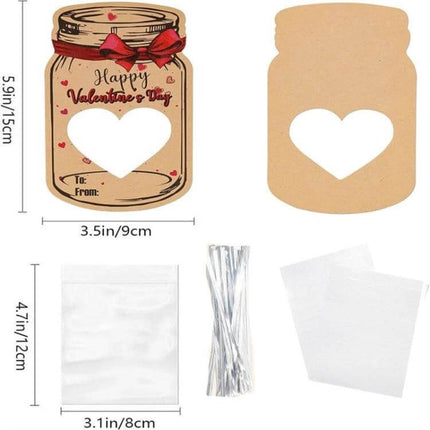 Valentine Bottle Shape Greeting Cards For Kids Party Favors kraft drift bottle card with heart window, ribbon print, treat bag and ties set