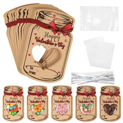 Valentine Bottle Shape Greeting Cards For Kids Party Favors - drift bottle valentine cards with hollow heart window, ribbons, bags and twist ties for candy gifts