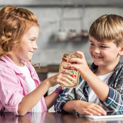 Valentine Bottle Shape Greeting Cards For Kids Party Favors showing two children exchanging a drift-bottle card with heart window and candy inside