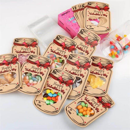 Valentine Bottle Shape Greeting Cards For Kids Party Favors showing drift-bottle cards with hollow heart windows filled with candies for school favors
