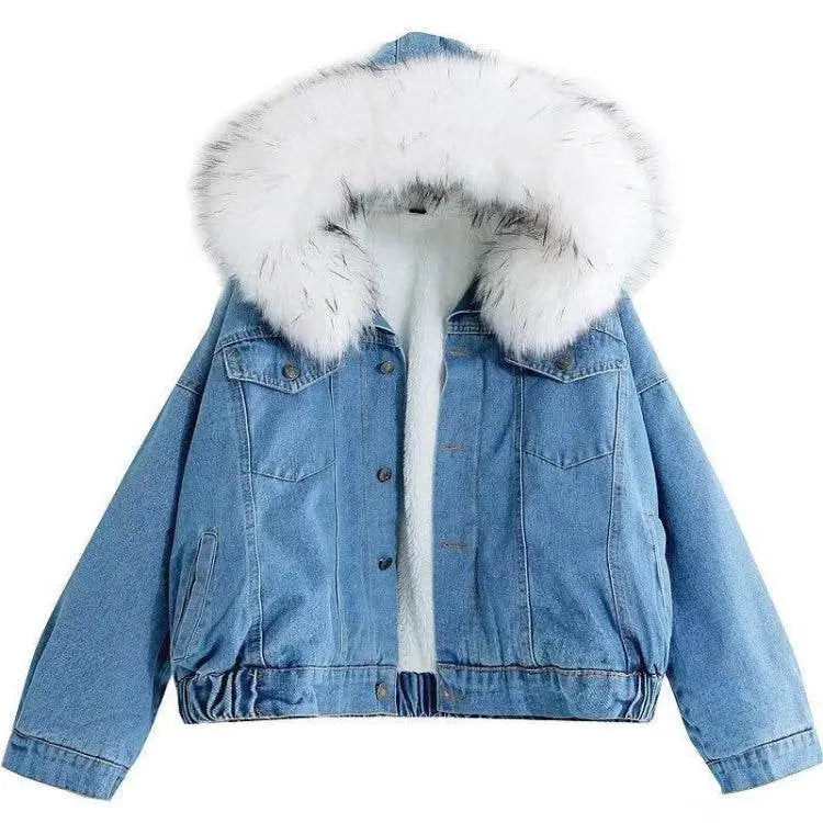 Velvet Thick Denim Jacket Female Winter Fur Collar Coat