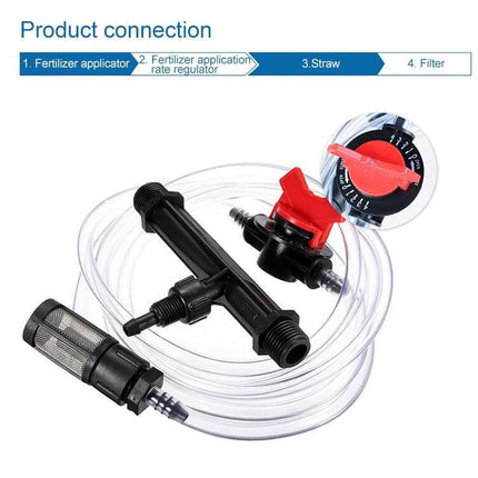 Venturi Fertilizer Applicator for Three-Quarter Inch Irrigation Line compact plastic injector kit with tubing, filter, and flow control valve