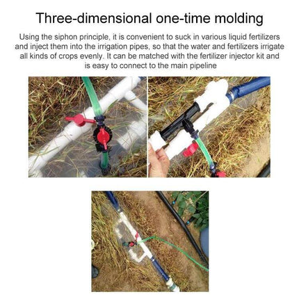 Venturi Fertilizer Applicator for Three-Quarter Inch Irrigation Line plastic injector installed on 3/4" irrigation pipe showing venturi suction hookup