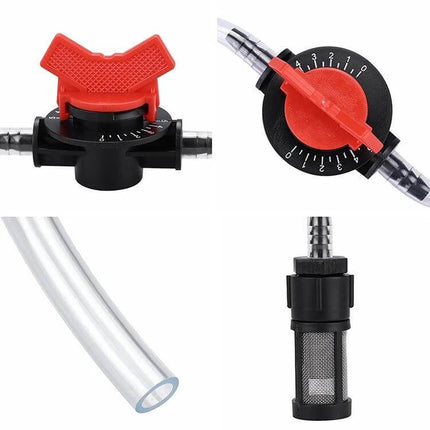 Venturi Fertilizer Applicator for Three-Quarter Inch Irrigation Line compact plastic injector with red flow control dial and suction filter