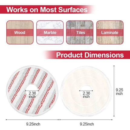 Vileda Spin and Clean Mop Refill Pad Round Microfiber For Floors – round 9.25in microfiber refill showing dimensions and compatible surfaces (wood, marble, tiles, laminate)