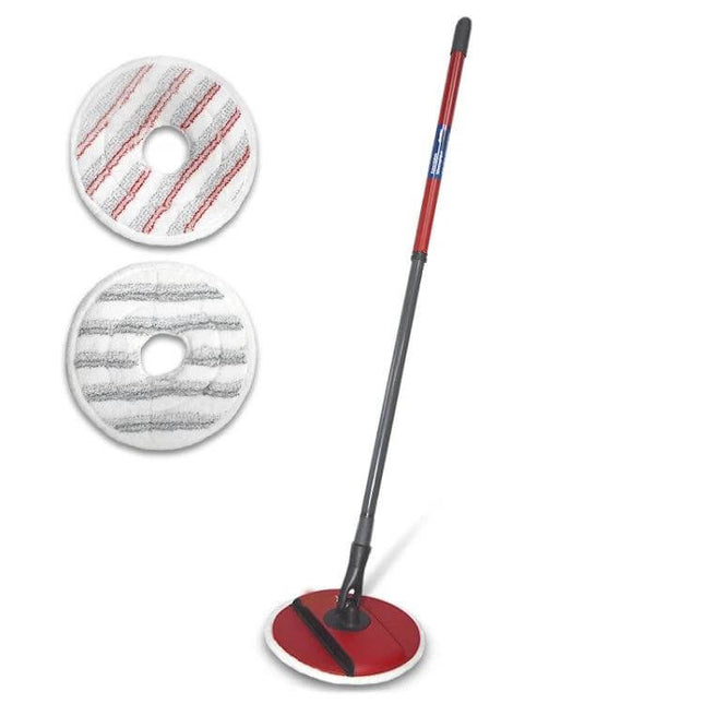 Vileda Spin and Clean Mop Refill Pad Round Microfiber For Floors shown with mop and two round refill pads