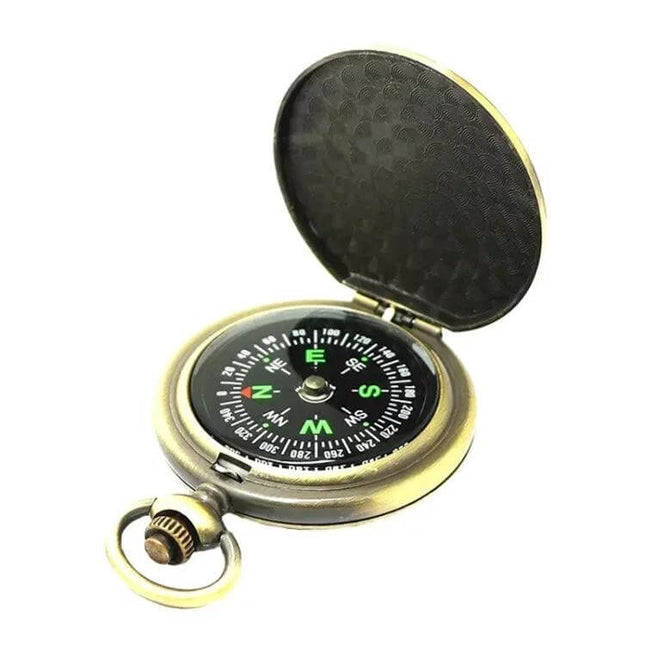 Vintage Metal Flip Pocket Watch Compass for Hiking and Camping in vintage zinc alloy finish, open showing compass dial and flip cover