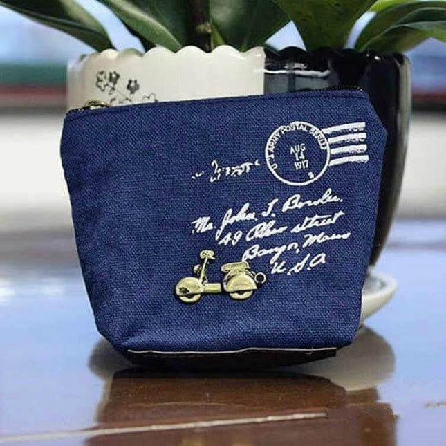 Vintage Mini Coin Purse Compact Change Wallet For Everyday Use – navy sackcloth coin pouch with scooter charm and postal script design