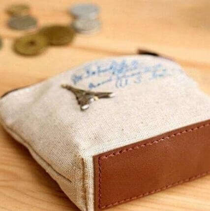 Vintage Mini Coin Purse Compact Change Wallet For Everyday Use small sackcloth coin purse with leather trim and Eiffel charm